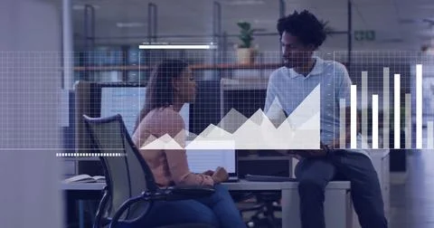 Image of data processing over diverse business people in office Stockfoto's