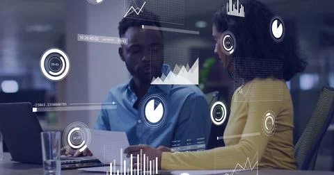 Image of data processing over diverse business people in office Foto stock