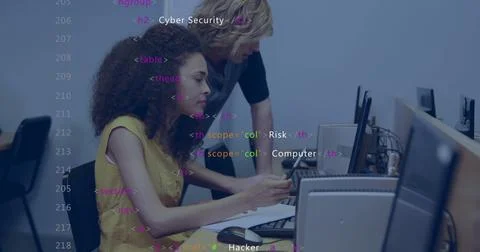 Image of data processing over diverse male and female student using computer at 写真素材