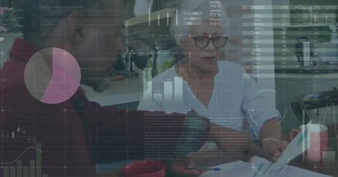 Image of data processing over diverse senior couple holding documents Stock Photos