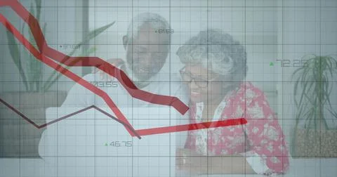 Image of data processing over diverse senior couple holding documents 库存照片