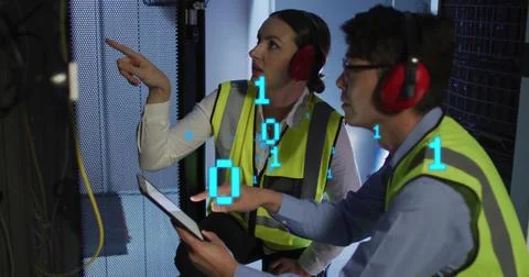 Image of data processing over diverse workers using tablet in server room 스톡 사진