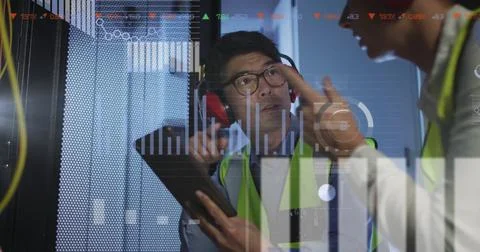 Image of data processing over diverse it engineers by computer servers Stock Photos