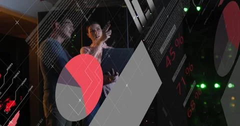 Image of data processing over diverse it engineers by computer servers Stock Photos