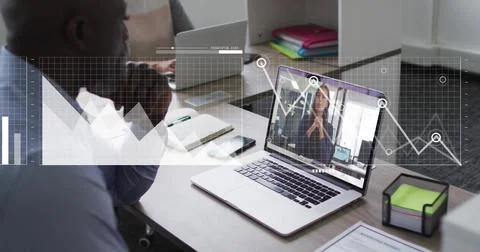 Image of data processing over diverse colleagues having image call in office Stock Photos