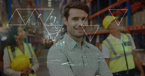 Image of data processing over diverse people working in warehouse 스톡 사진