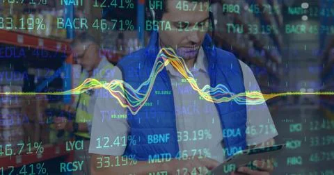 Image of data processing over diverse people working in warehouse Foto stock