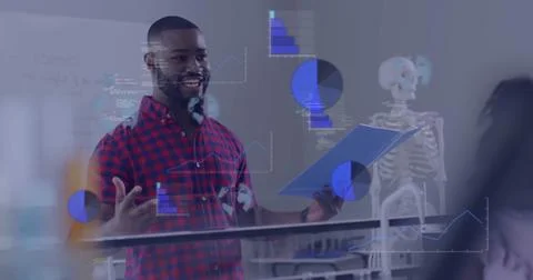 Image of data processing over diverse schoolchildren and male teacher in Stock Photos