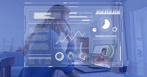 Image of data processing over diverse female teacher and schoolgirl having video Foto stock
