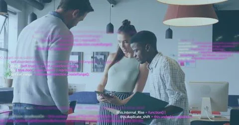 Image of data processing over diverse colleagues discussing work in office Stockfoto's