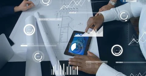 Image of data processing over diverse colleagues having meeting in office Stock Photos