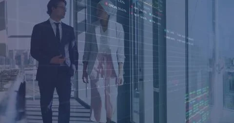 Image of data processing over diverse business people walking in office Foto stock