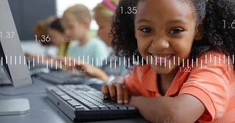 Image of data processing over diverse schoolchildren using computers Stock Photos