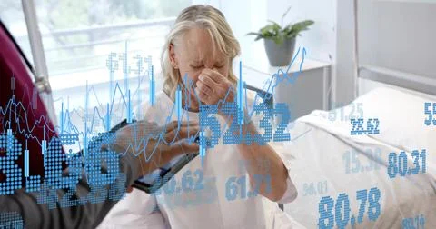 Image of data processing over diverse male doctor with tablet talking with Stock Photos