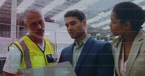 Image of data processing over diverse colleagues using tablet 스톡 사진