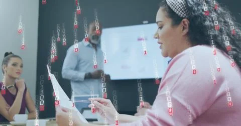 Image of data processing over diverse colleagues discussing work in office Stockfoto's