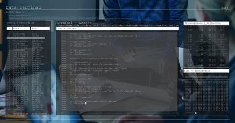Image of data processing over diverse colleagues having meeting in office Stockfoto's