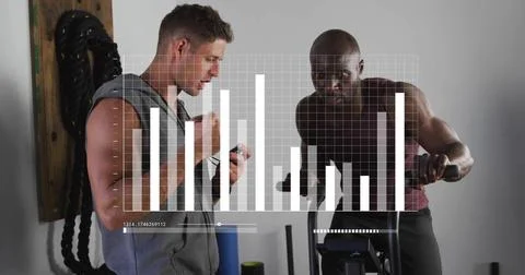 Image of data processing over diverse trainer and man using elliptical bike at 스톡 사진