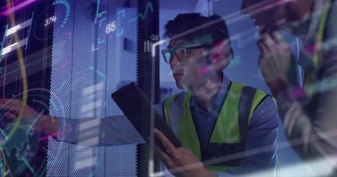 Image of data processing over diverse colleagues using tablet in server room 스톡 사진