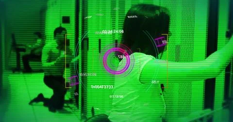 Image of data processing over diverse workers in server room 스톡 사진