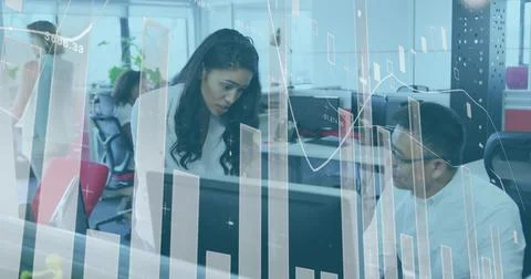 Image of data processing over diverse business people using computer Stock Photos