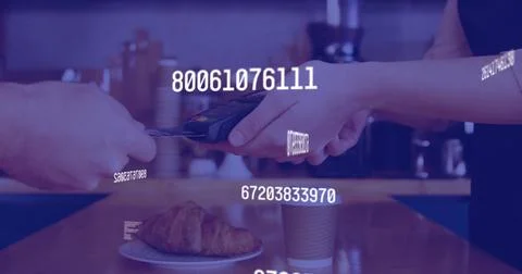 Image of data processing over diverse people paying with credit card 스톡 사진