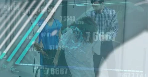 Image of data processing over diverse couple in hospital Foto stock