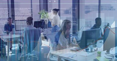 Image of data processing over diverse business people using computers Foto stock