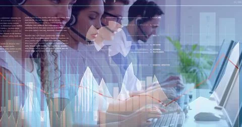 Image of data processing over diverse business people using computers Foto stock