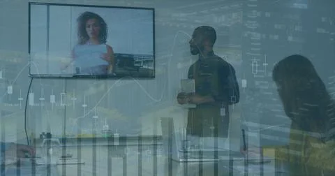 Image of data processing over diverse business people using phone headsets Stockfoto's