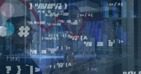 Image of data processing over diverse business people talking 写真素材