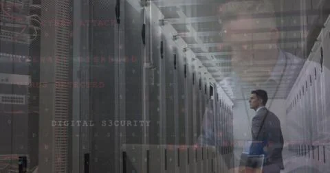 Image of data processing over diverse business people in server room Stock Photos