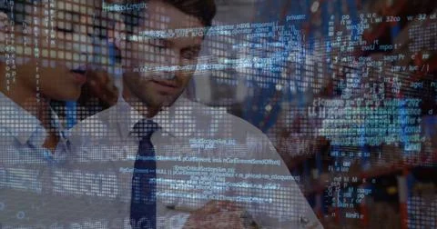 Image of data processing over diverse male and female supervisors discussing at Stock Photos