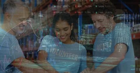 Image of data processing over diverse volunteers Stock Photos