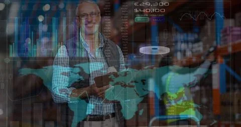 Image of data processing over diverse workers in warehouse 写真素材