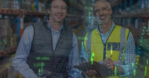 Image of data processing over diverse workers in warehouse Foto stock