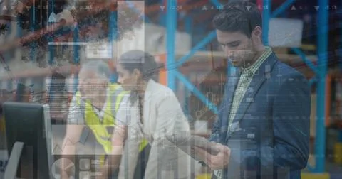 Image of data processing over diverse workers in warehouse Stock Photos