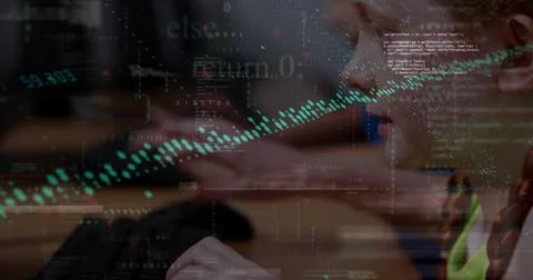 Image of data processing over diverse schoolchildren using computer Stock Photos