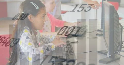 Image of data processing over diverse schoolchildren using computers Stock Photos