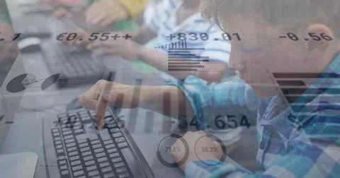 Image of data processing over diverse schoolchildren using computers Stock Photos