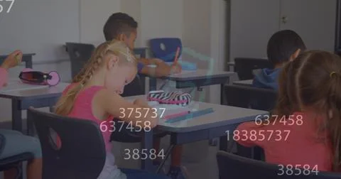 Image of data processing over diverse schoolchildren learning Stock Photos