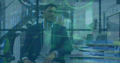 Image of data processing over diverse business people using computers in office Stock Photos