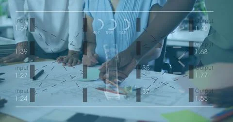 Image of data processing over diverse business people with documents in office 库存照片