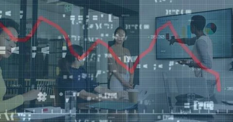 Image of data processing over diverse business people talking in office Foto stock