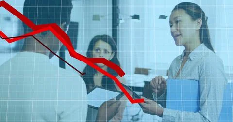 Image of data processing over diverse business people talking in office 写真素材