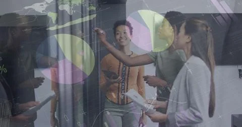 Image of data processing over diverse business people in office Foto stock