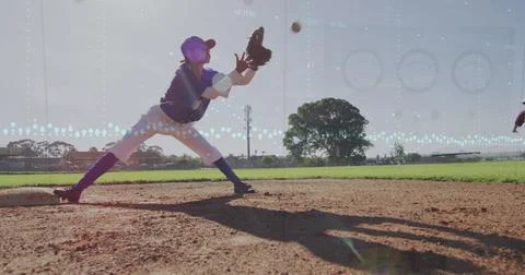 Image of data processing over diverse female baseball players 写真素材
