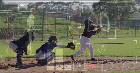 Image of data processing over diverse female baseball players Foto stock