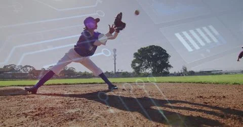 Image of data processing over diverse female baseball players Foto stock