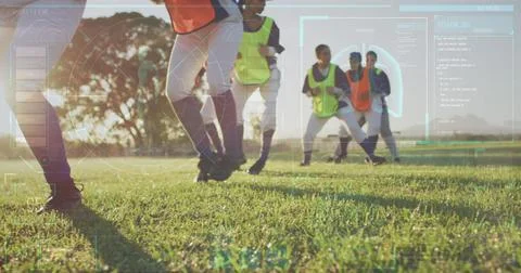 Image of data processing over diverse female baseball players exercising 写真素材